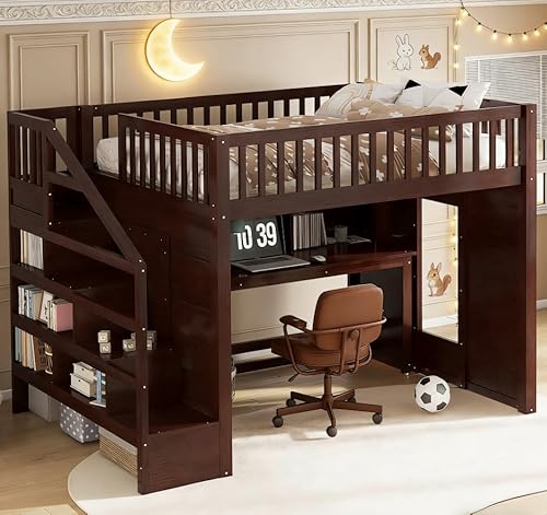 Bellemave Full Loft Bed with Stairs and Movable Desk and Shelves, Wood Loft Bed with Storage Stairs for Kids, Teens, Adults, Espresso Bellemave