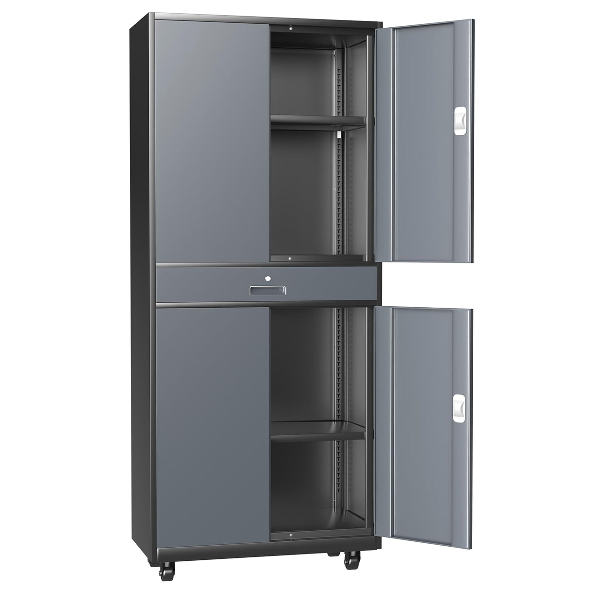 Athena Collection Metal Storage Cabinet with 4 Lock Doors and 4 Adjustbale Shelves, 74" Tall Rolling Garage Storage Cabinet for Home Office, School, Garage, Pantry, Grey Black Athena Collection