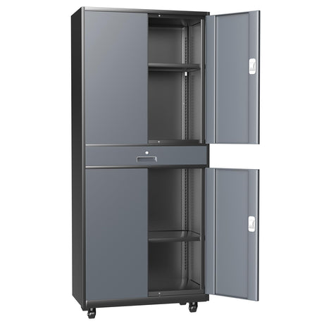 Athena Collection Metal Storage Cabinet with 4 Lock Doors and 4 Adjustbale Shelves, 74" Tall Rolling Garage Storage Cabinet for Home Office, School, Garage, Pantry, Grey Black Athena Collection