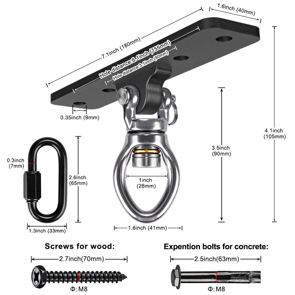 Dolibest 2 Pack Heavy Duty Swing Hangers, Swing Set Accessories with Carabiner for Indoor/Outdoor Use, Porch Swing, Hanging Kit for Wooden/Concrete Set w/ 8 Wood Screws and 8 Expansion Bolts, 900LB Dolibest