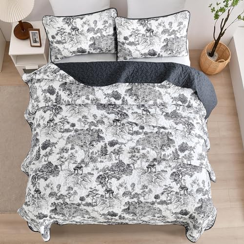 WONGS BEDDING Botanical Quilt Set King Size, Black 3 Pieces Toile Floral Plants Printed Bedspread Bedding Set Soft Lightweight Microfiber Coverlet Set for All Season (104"x90") WONGS BEDDING