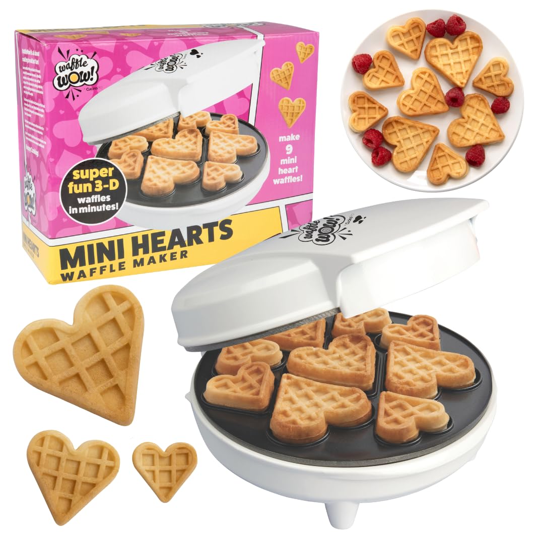 Valentine's Day Mini Hearts Waffle Maker - Bake 9 Heart Shaped Waffles or Pancakes w Electric Nonstick Iron- Show Love w Unique Breakfast or Treat for Her, Kids or Adults- Fun Dessert Gift for Her Him Waffle Wow!