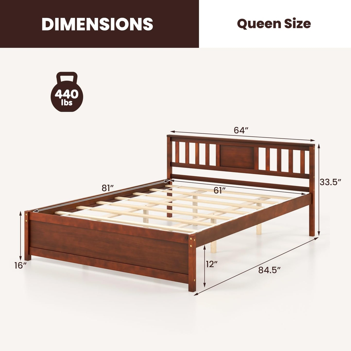 Giantex Mid Century Walnut Queen Size Solid Wood Platform Bed Frame with Headboard and Slat Support - WoodArtSupply