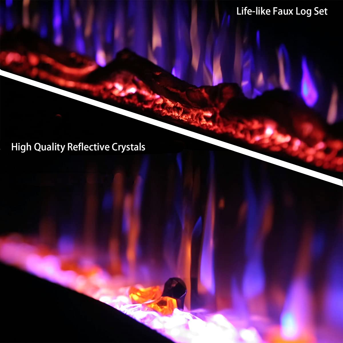 Masarflame 72" Recessed Electric Fireplace Insert, 5 Flame Settings, Log Set or Crystal Options, Temperature Control by Touch Panel & Remote, 750/ 1500W Heater Masarflame