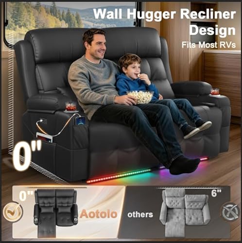 Aotolo Power Reclining Loveseat with Massage & Heat,Wall Hugger Loveseat Recliner with LED Lights,USB & Type-C Ports, Ideal for RV, Home Theater and Living Room,Black,2 Seats