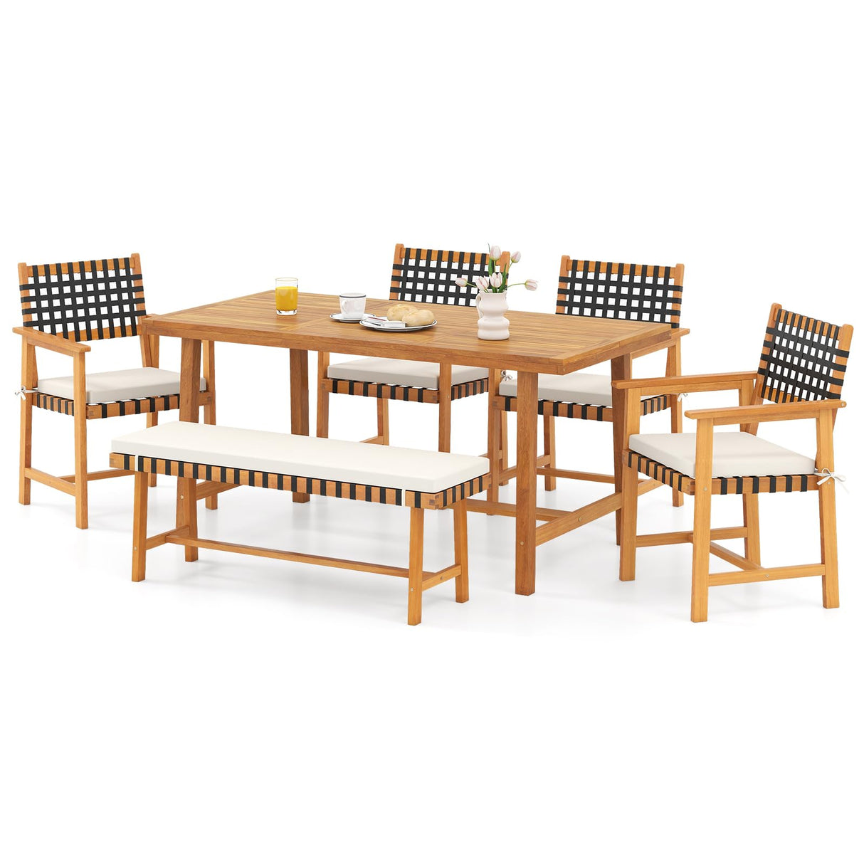 Tangkula 6 Piece Patio Dining Set for 5-6 People, 63” Outdoor Acacia Wood Table with 1.97” Umbrella Hole & Bench & 4 Cushioned Armchairs, for Deck Yard and Poolside Tangkula