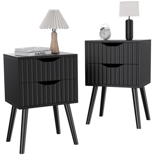 Bavelye Black Nightstand Set of 2, Thickened Wooden Night Stand with 2 Drawers, Mid-Century Modern Bedside Table with Storage, Small End Table for Bedroom - WoodArtSupply