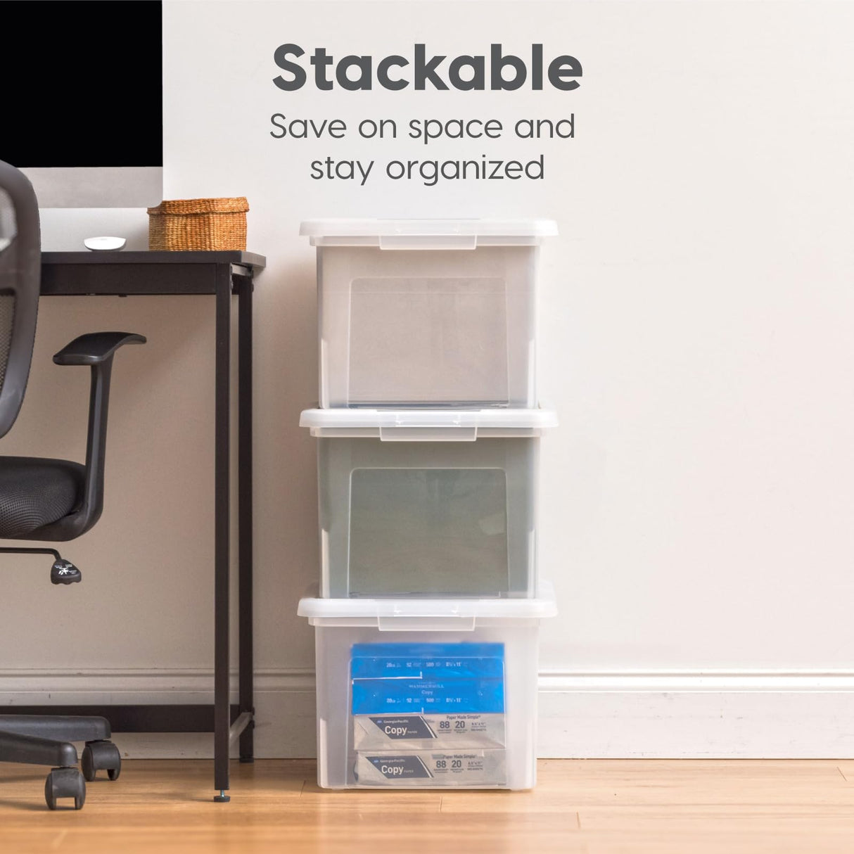 IRIS USA File Box Plastic File Organizer for Letter/Legal File, Document Box, Storage Bin Tote Organizer with Durable and Secure Latching Lid, Stackable, Nestable, BPA-Free, Clear 35 Qt. 4 Pack IRIS