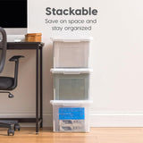 IRIS USA File Box Plastic File Organizer for Letter/Legal File, Document Box, Storage Bin Tote Organizer with Durable and Secure Latching Lid, Stackable, Nestable, BPA-Free, Clear 35 Qt. 4 Pack IRIS