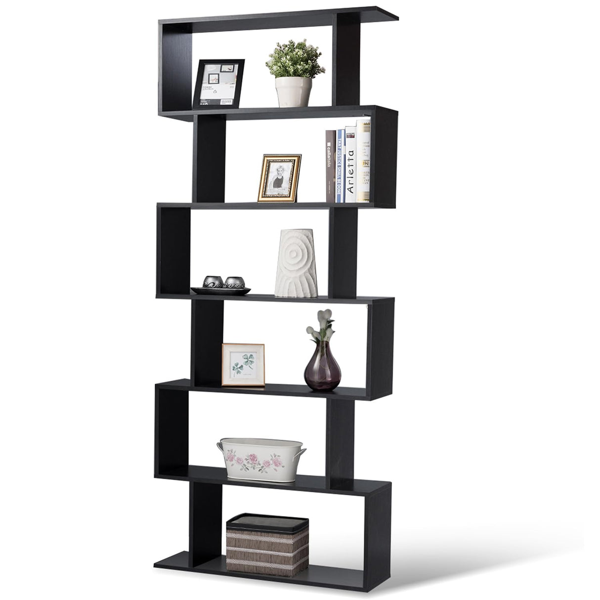 Tangkula 6-Tier Geometric Bookcase, Modern S-Shaped Storage Display Bookshelf for Living Room, Anti-Toppling Device, Home Office Wooden 6 Shelf Open Bookcase (2, Black) Tangkula
