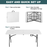 FDW 6 Foot Outdoor Dining Table, Foldable Portable Rectangular Plastic Folding Table with Built in Carrying Handle for Party and Wedding Use, White FDW