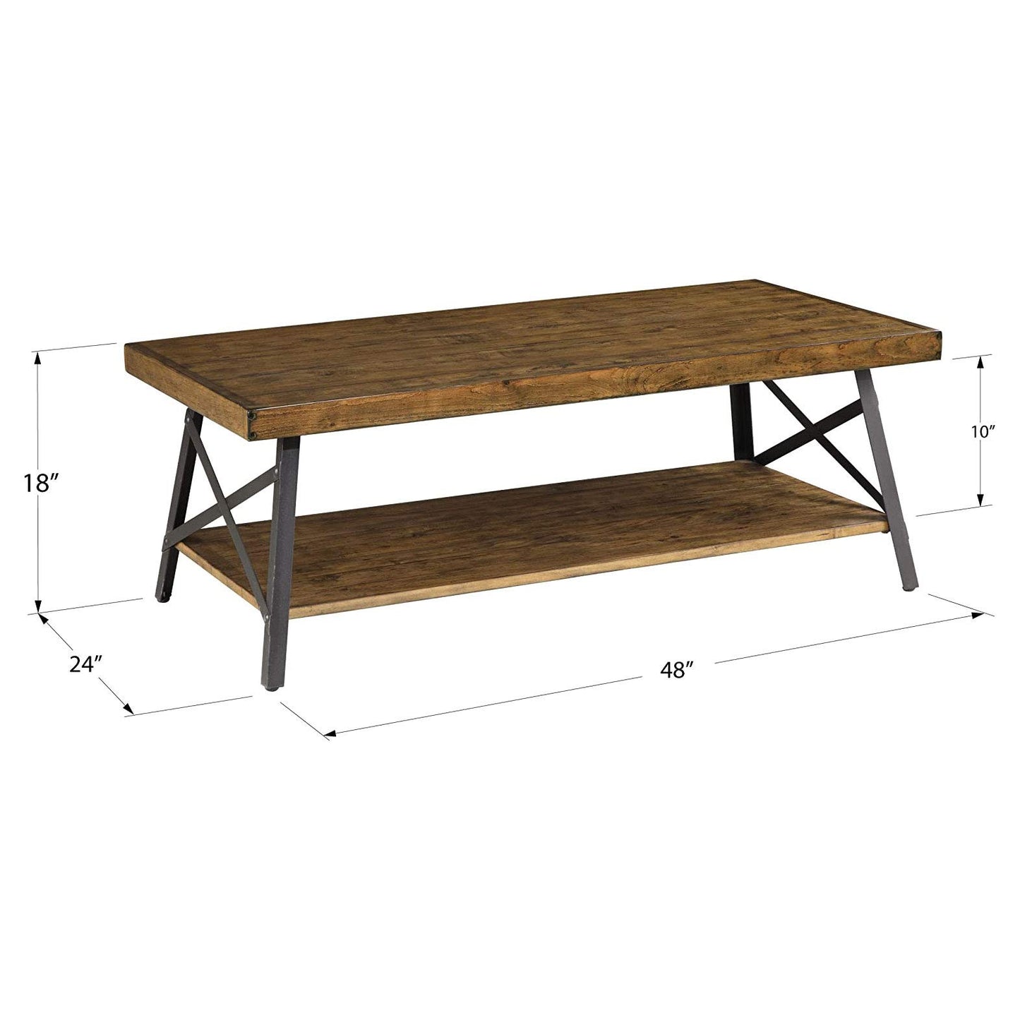 Emerald Home Furnishings Chandler Rustic Industrial Solid Wood and Steel Coffee Table with Open Shelf, Pine Brown,48" - WoodArtSupply