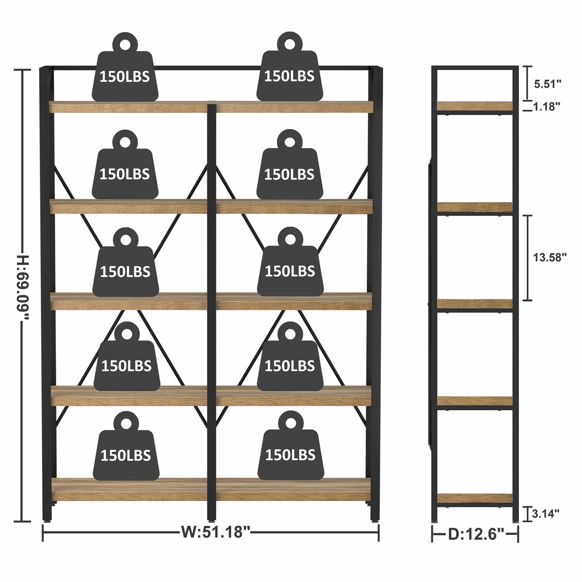 Industrial 5-Tier Rustic Oak Bookshelf with Open Shelving Unit by FATORRI FATORRI