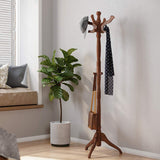 VASAGLE Coat Rack Free Standing with 11 Hooks, Wooden Hall Tree Coat Hat Tree Coat Holder with Solid Rubberwood Base for Coat, Hat, Clothes, Scarves, Handbags, Umbrella, Dark Walnut URCR05WN VASAGLE