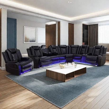 Power Recliner Sofa Sectional Sofa with LED Light for Living Room, Air Leather Reclining Corner Sectional Sofa Set, Cup Holder, Storage Console for Home Theater Seating (Black, Sectional+Chair) AYCP Furniture