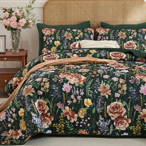 WONGS BEDDING Green Quilt Set King Size, 3 Piece Red Floral Leaves Pattern Botanical Bedding Set, Soft Lightweight Microfiber Bedspread Coverlet with 2 Pillowcases for All Season (104"x90") WONGS BEDDING