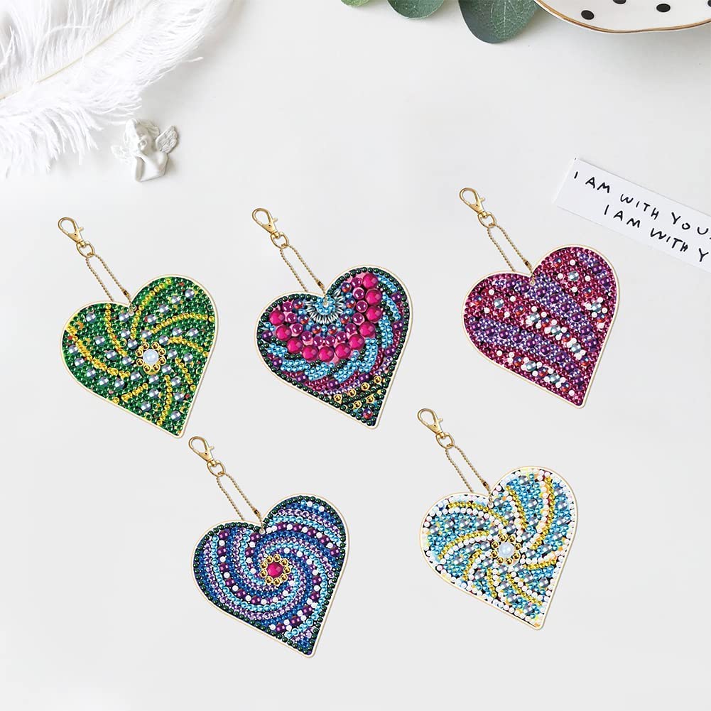 LUSandy 5pcs DIY 5D Heart Diamond Painting Keychain Kits Double Sided Full Drill Special Shape Heart Diamond Art Key Chain Key Ring Set for Backpack Shoulder Bag Accessories Adults LUSandy