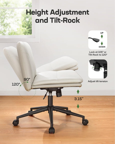 Marsail Armless-Office Desk Chair with Wheels: PU Leather Cross Legged Wide Chair,Comfortable Adjustable Swivel Computer Task Chairs for Home,Office,Make Up,Small Space,Bed Room(Light Beige) Marsail