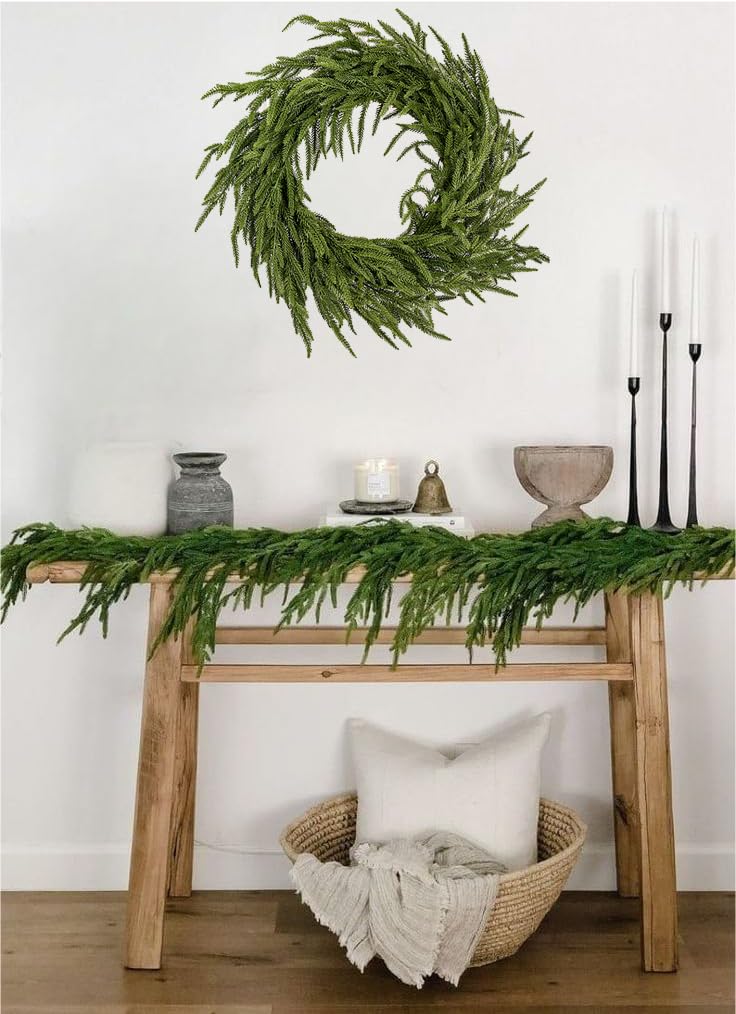 ENVEN Real Touch Norfolk Pine Christmas Garland and Wreath Set, 24IN Green Wreath and Christmas Garland Artificial Faux Greenery Norfolk Pine for Holiday Indoor Mantle Decor (6FT - 24IN)