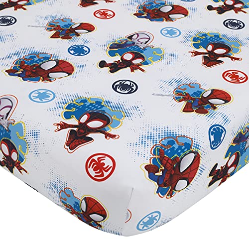 Disney Marvel Spidey and his Amazing Friends Spidey Team Red, White, and Blue 4 Piece Toddler Bed Set - Comforter, Fitted Bottom Sheet, Flat Top Sheet, and Reversible Pillowcase Disney