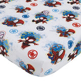 Disney Marvel Spidey and his Amazing Friends Spidey Team Red, White, and Blue 4 Piece Toddler Bed Set - Comforter, Fitted Bottom Sheet, Flat Top Sheet, and Reversible Pillowcase Disney
