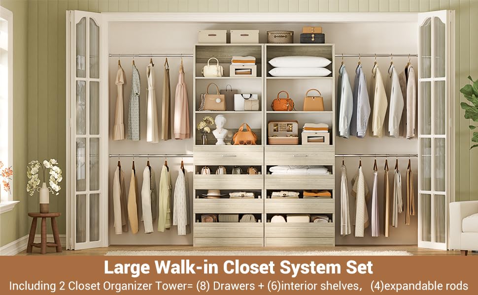 Aheaplus Closet System, 6-15Ft Closet Organizer with 8 Wooden Drawers, Wood Closet Organizer System with Tower, Walk-in Closet Organizer Wardrobe Garment Clothes Rack with 4 Hanging Rods, White Oak Aheaplus