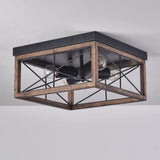 Aiwen 4-Light Rustic Wood Flush Mount Ceiling Light Metal Square Cage Farmhouse Lighting Close to Ceiling Light Fixture Black for Dining Room Bedroom Living Room Kitchen Hallway Entryway Foyer Aiwen
