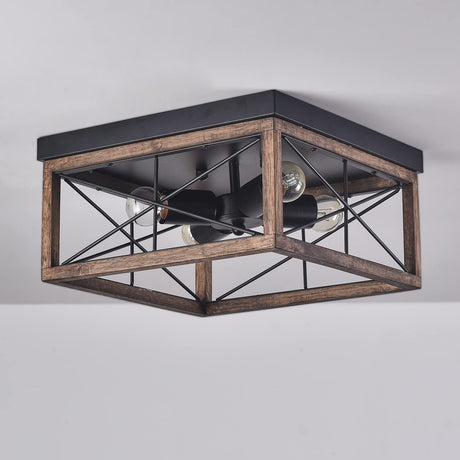 Aiwen 4-Light Rustic Wood Flush Mount Ceiling Light Metal Square Cage Farmhouse Lighting Close to Ceiling Light Fixture Black for Dining Room Bedroom Living Room Kitchen Hallway Entryway Foyer Aiwen