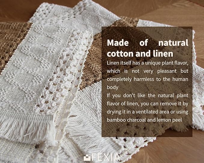 FEXIA Boho Placemats Set of 6, Macrame Table Decor Farmhouse Style Placemats in Natural Cotton Burlap, for Kitchen and Dining Table Centerpiece Home Decorations（Beige & Brown） FEXIA