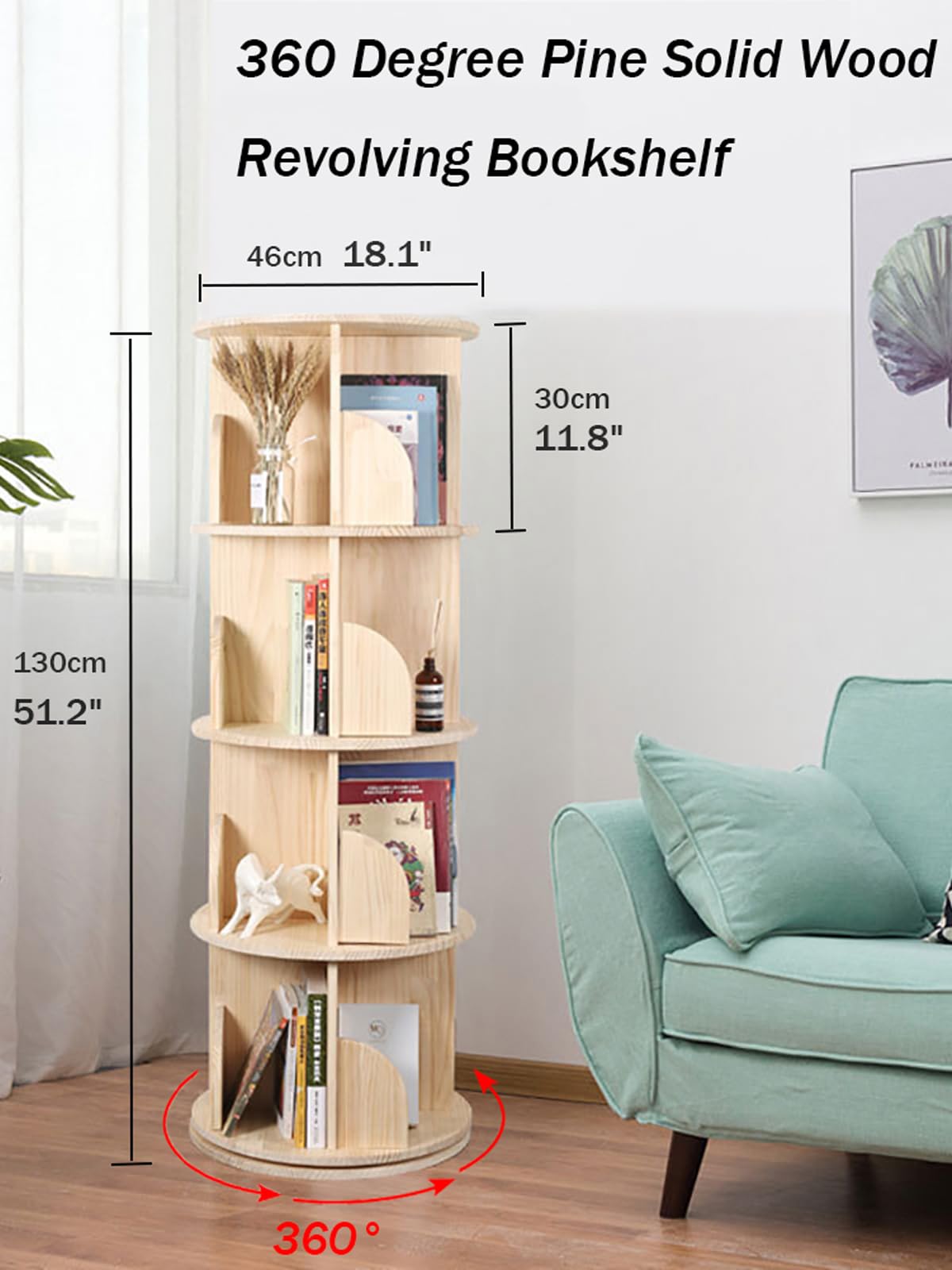 Bear Qiaqia Rotating Bookshelf 360 Degrees, 4 Tier Stackable Solid Wood Bookshelf Organizer, Storage Display Rack Floor Standing Bookcase for Kids&Adults (51"x18"x18")… Bear Qiaqia