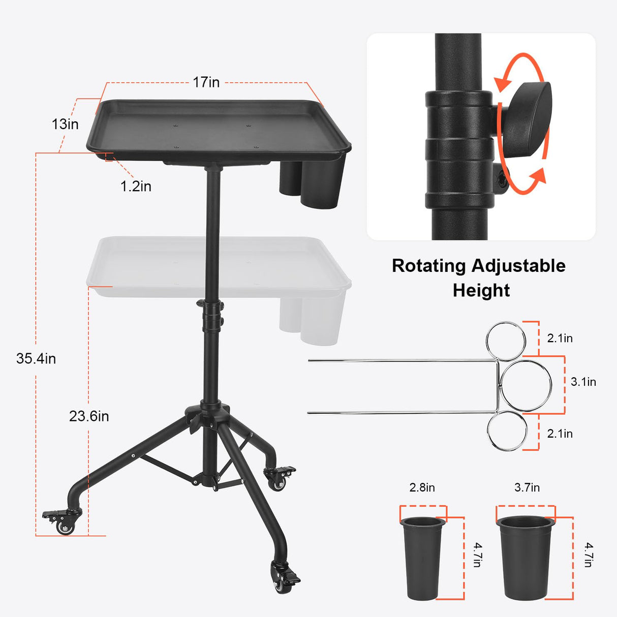 Salon Tray Cart, Metal Tattoo Tray with Tool Holder, Service Rolling Tray Adjustable Height, Storage Tray Trolley for Salon Spa Dental Use, Rolling Tray Cart LWADALN