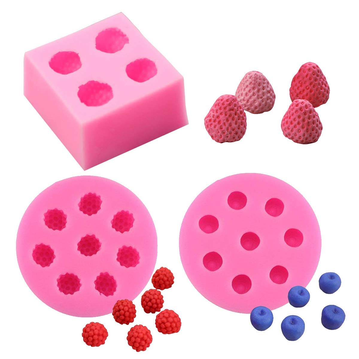 3Pcs/Set 3D Mini Strawberry, Raspberry & Blueberry Silicone Fondant Molds Soap Candle Mulberry Wax Melts Molds Berries Chocolate Candy Mold for Cake Cupcake Topper Decoration HiParty