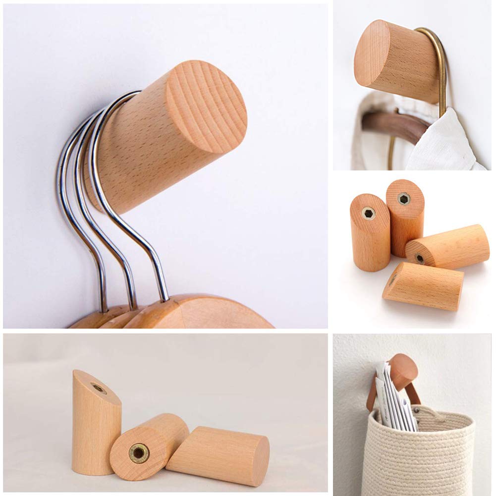 Felidio Wood Wall Hooks, 4 Pack Coat Hooks Mounted Rustic Wooden Heavy Duty Robe Hook Hat Rack | for Hanging Bathroom Towels Clothes Hanger (Beech Wood) Felidio