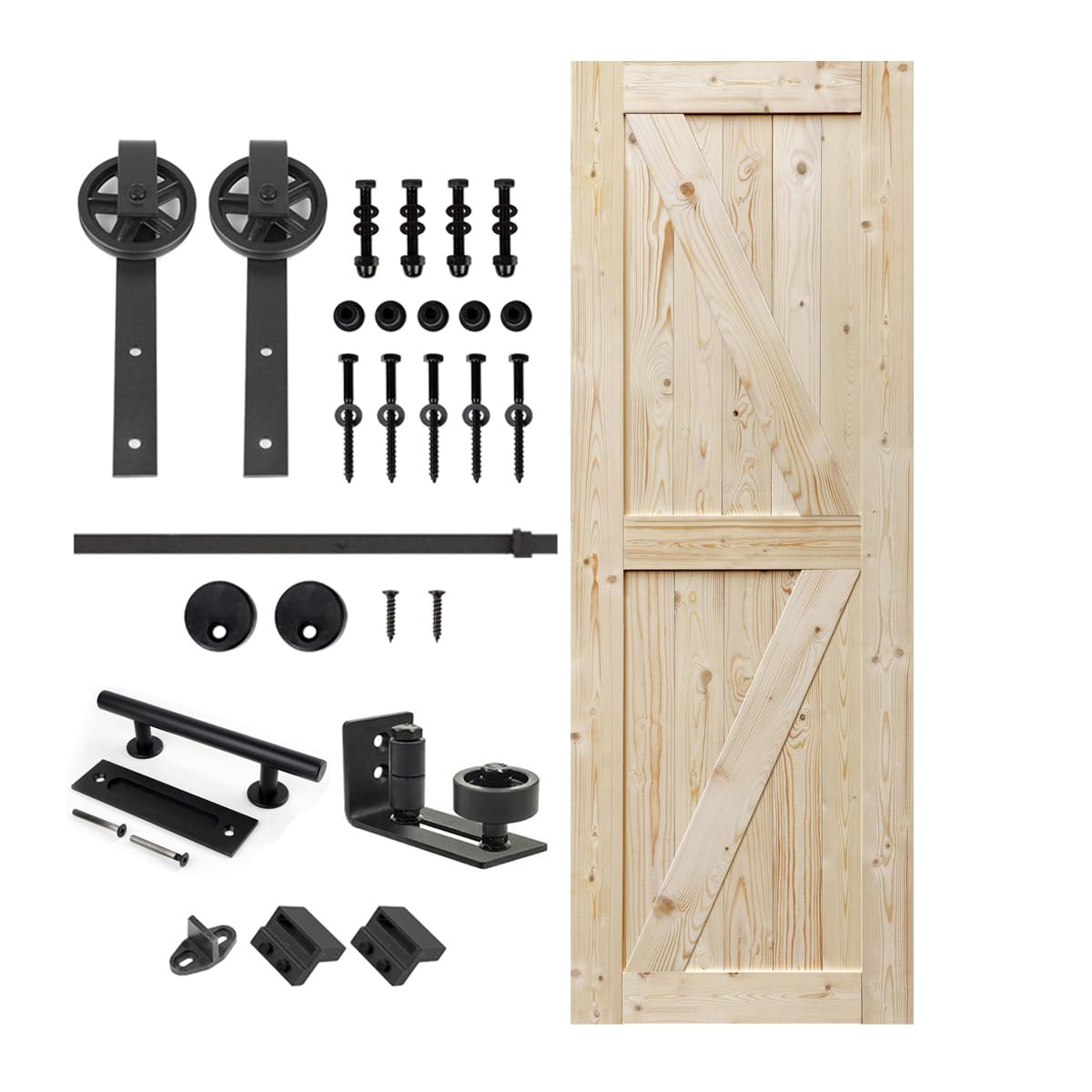 S&Z TOPHAND 32 in. x 84 in. Unfinished British Brace Knotty Barn Door with 6.6FT Sliding Door Hardware Kit/Solid Wood/Sliding Door/Double Surfaces/A S&Z TOPHAND