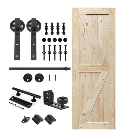 S&Z TOPHAND 32 in. x 84 in. Unfinished British Brace Knotty Barn Door with 6.6FT Sliding Door Hardware Kit/Solid Wood/Sliding Door/Double Surfaces/A S&Z TOPHAND