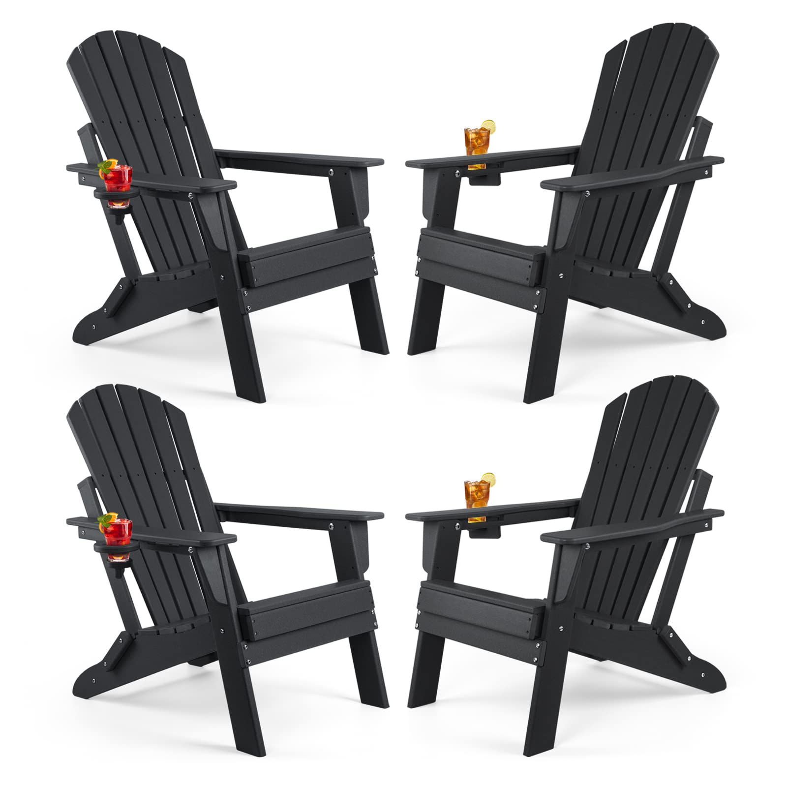 FUNBERRY Folding Adirondack Chair Set of 4, Fire Pit Chairs, Plastic Adirondack Chairs Weather Resistant with Cup Holder, Composite Adirondack Chairs - WoodArtSupply