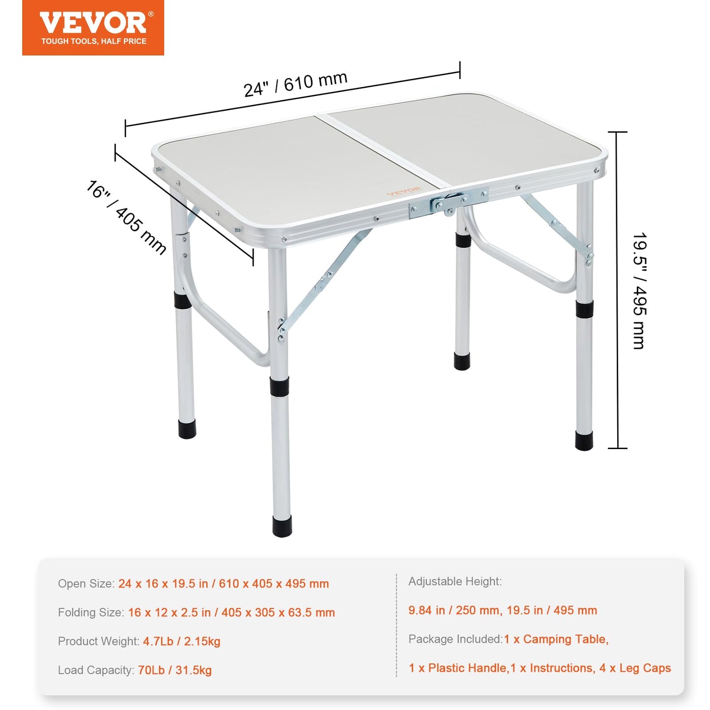 VEVOR Folding Camping Table, Adjustable Height Aluminum MDF Outdoor Portable Fold Up Lightweight Table, for Cooking, Beach, Picnic, Travel, 24'' x 16'', Silver - WoodArtSupply