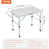 VEVOR Folding Camping Table, Adjustable Height Aluminum MDF Outdoor Portable Fold Up Lightweight Table, for Cooking, Beach, Picnic, Travel, 24'' x 16'', Silver VEVOR
