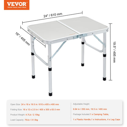 VEVOR Folding Camping Table, Adjustable Height Aluminum MDF Outdoor Portable Fold Up Lightweight Table, for Cooking, Beach, Picnic, Travel, 24'' x 16'', Silver - WoodArtSupply