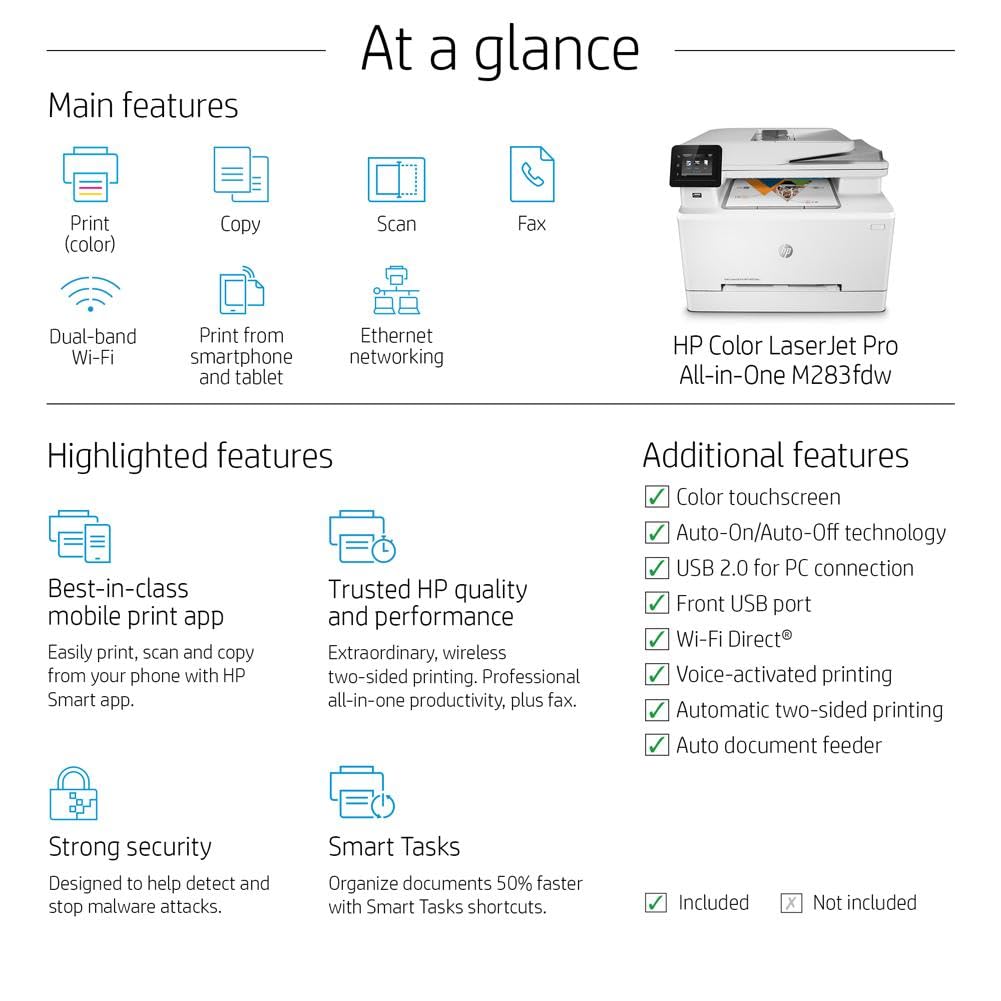 HP Color LaserJet Pro M283fdw Wireless All-in-One Laser Printer, Remote Mobile Print, Scan & Copy, Duplex Printing, Works with Alexa (7KW75A), White