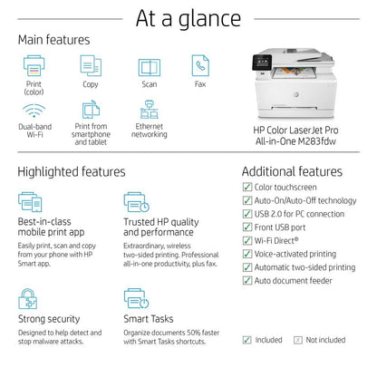 HP Color LaserJet Pro M283fdw Wireless All-in-One Laser Printer, Remote Mobile Print, Scan & Copy, Duplex Printing, Works with Alexa (7KW75A), White