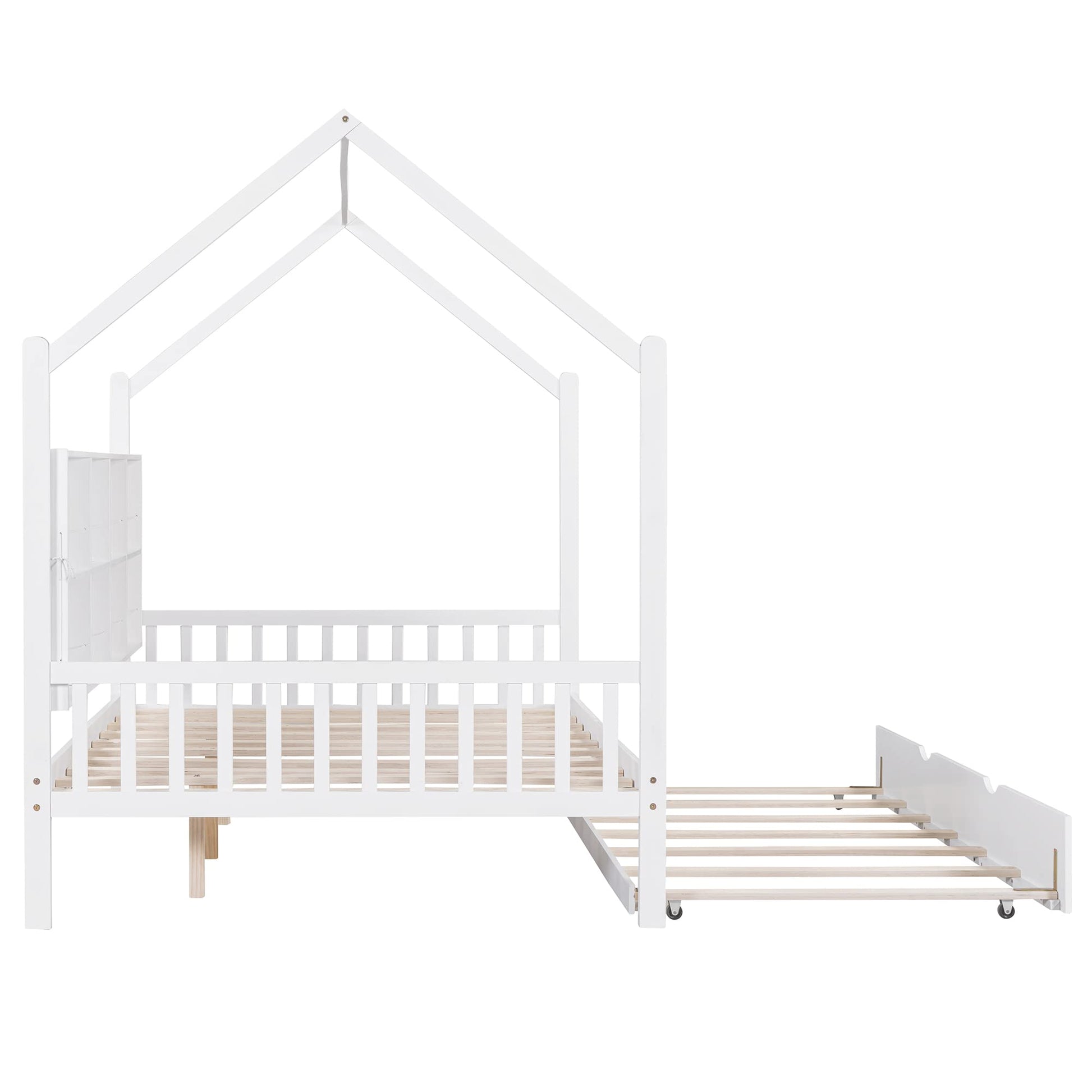 Merax White Full Size Wooden House Bed with Trundle & Shelf for Kids - WoodArtSupply