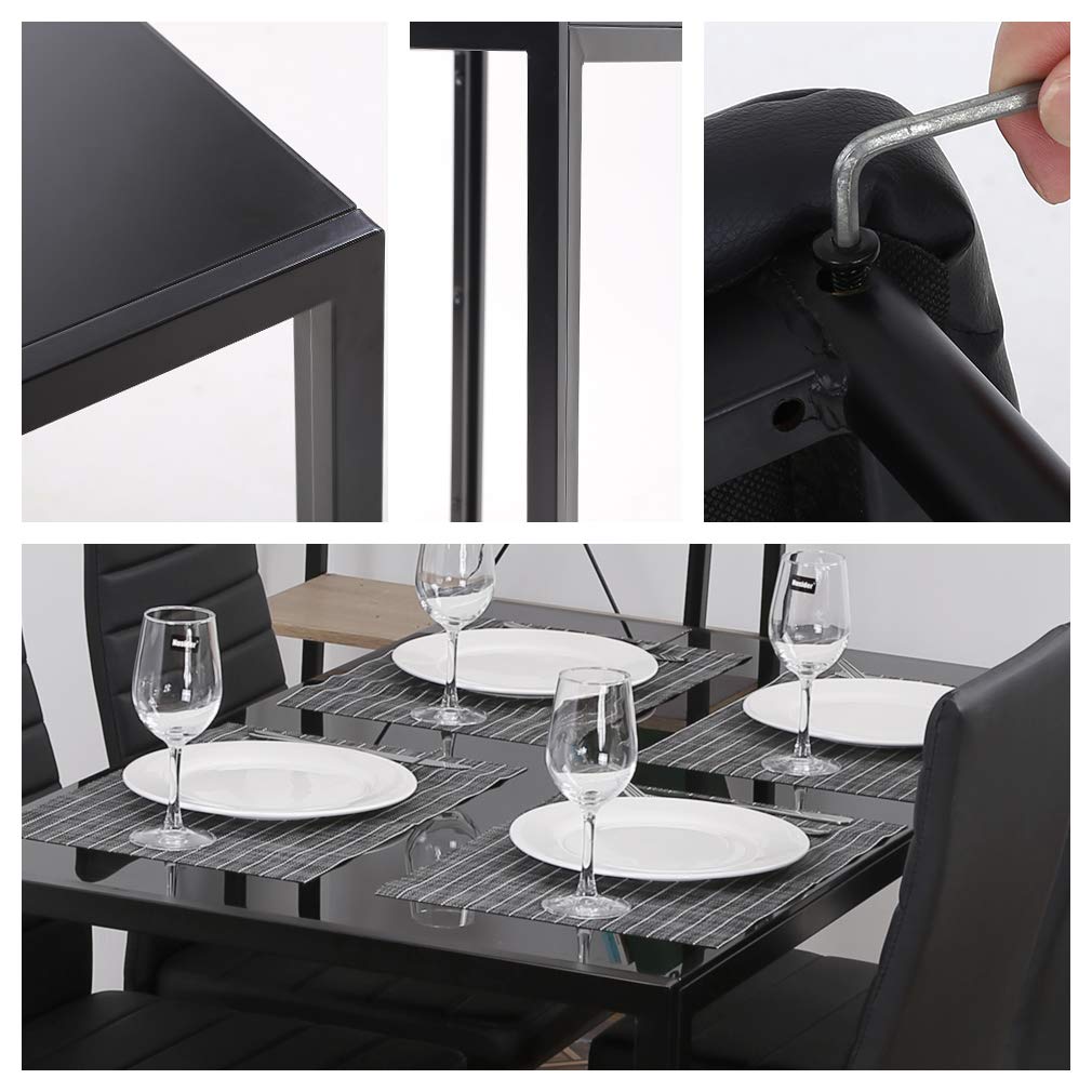 PayLessHere Dining Room Table Set 5-Piece Kitchen with 4 Faux Leather Metal Frame Chairs Rectangular Modern for Small Spaces w/Glass Tabletop Kitchen Table and Chairs, Black Glass PayLessHere