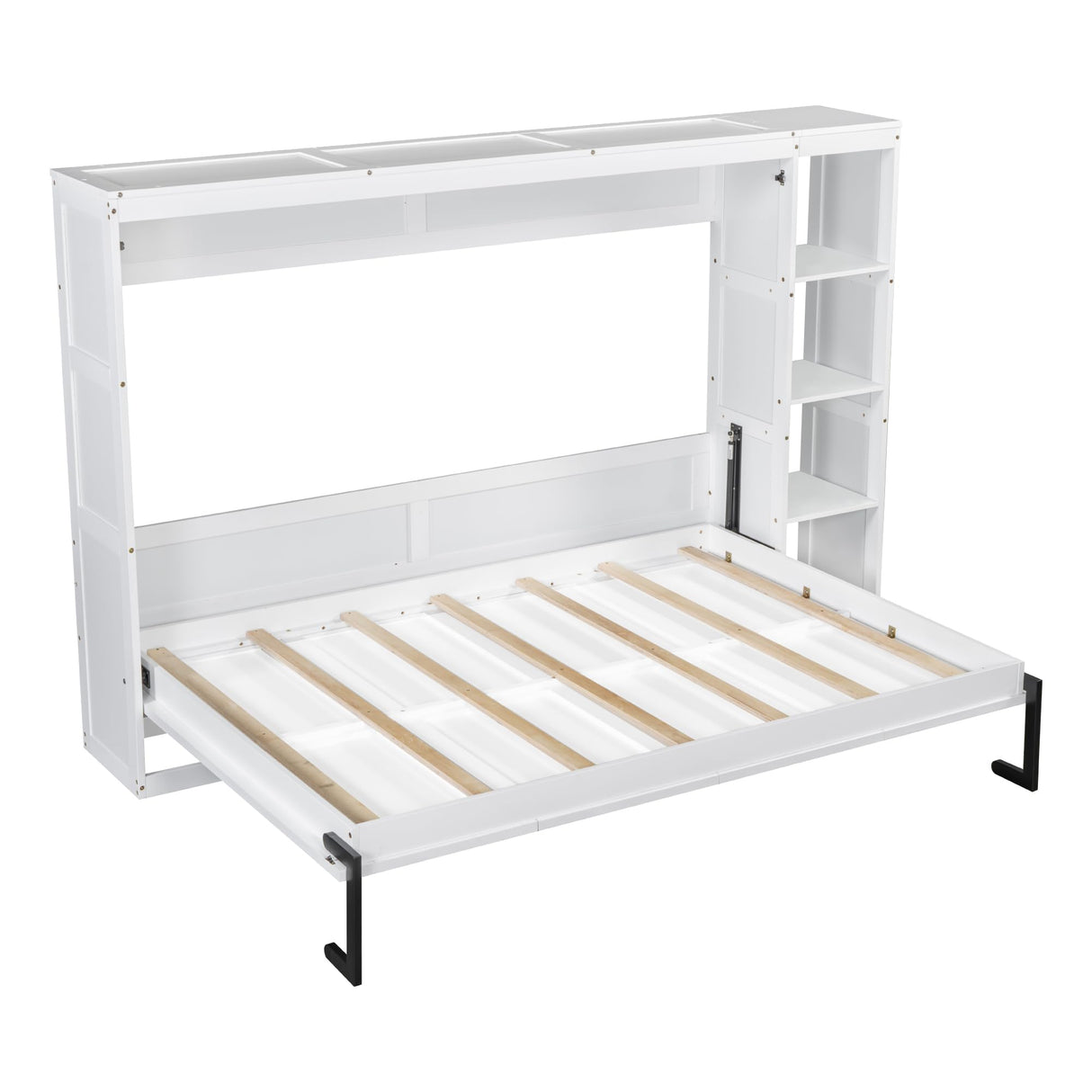 HABITRIO Full Size Murphy Bed, Wooden Wall Cabinet Bed with Bookshelf, White HABITRIO