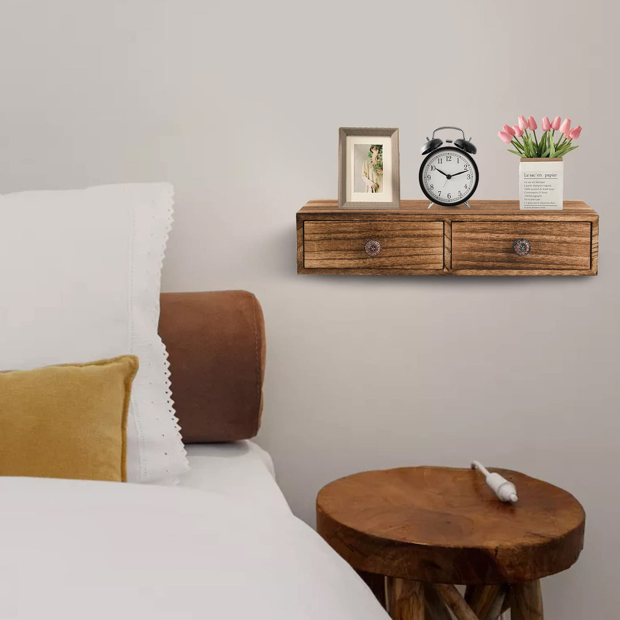 Yesland 2 Packs Floating Nightstand with Drawer - Rustic Wood Floating Wall Mounted Drawers Floating Shelf with Drawer for Living Room, Bedroom, Storage, Display - Yellowish Brown Yesland