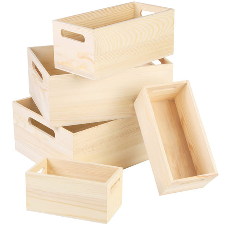 Aodaer 5 Packs Unfinished Wood Box Wood Crates Cutout Handles DIY Decorative Nesting Wood Box Treasure Box for Crafts, Decoration, Storage (Natural) Aodaer