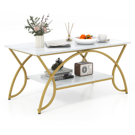 COSTWAY Marble Coffee Table, 2-Tier Modern Faux Marble Accent Table with Storage and Gold Finished Metal Frame, Chic Rectangular End Table for Living Room Office Lounge COSTWAY