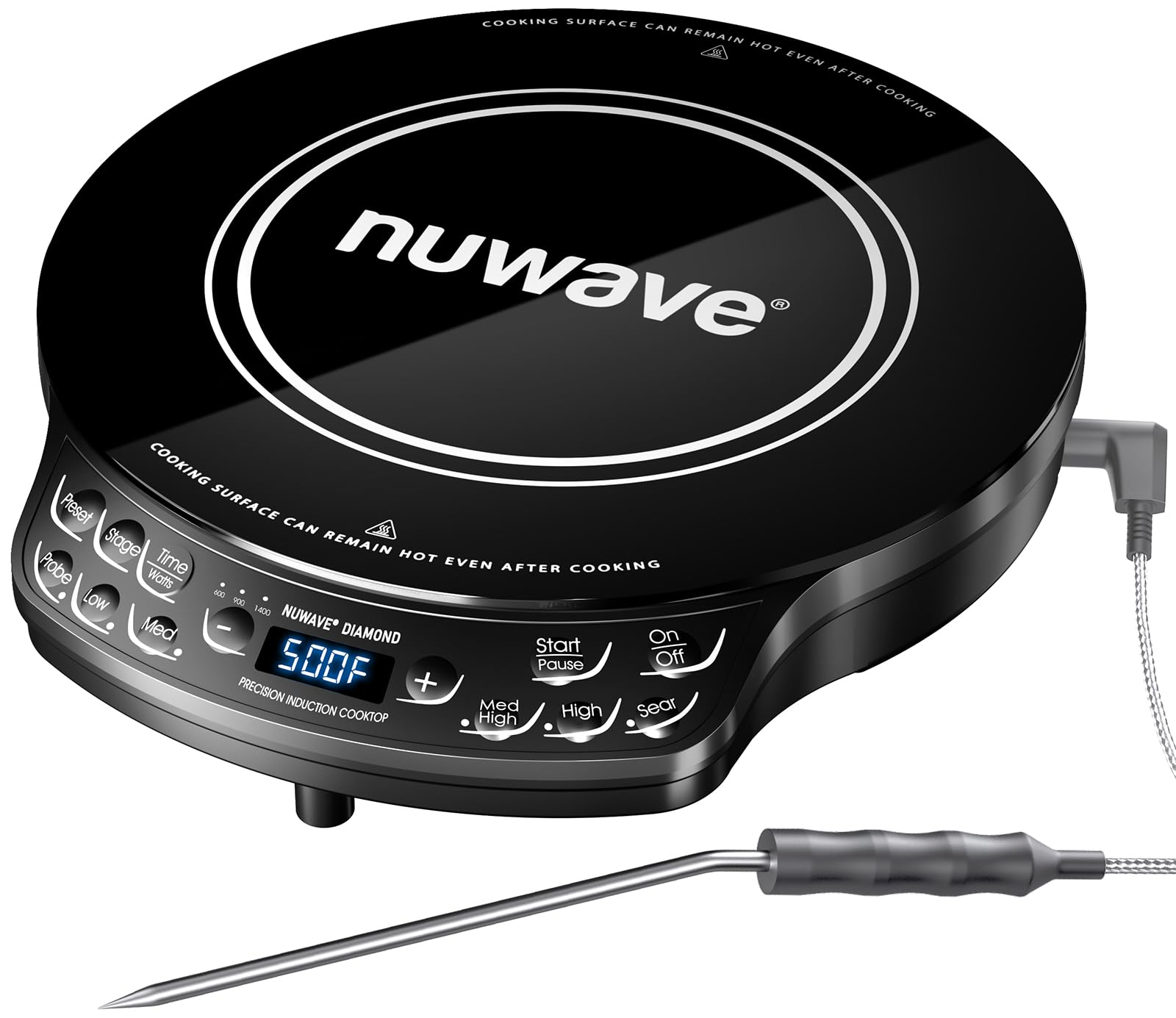 Nuwave Portable Induction Cooktop Diamond with Probe, Advanced Countertop Burner, 91 Temps from 100°F to 500°F, 12”Shatter-Proof Ceramic Glass & 6.5”Heating Coil, Ideal for RV Camp,Small Apt,Travel