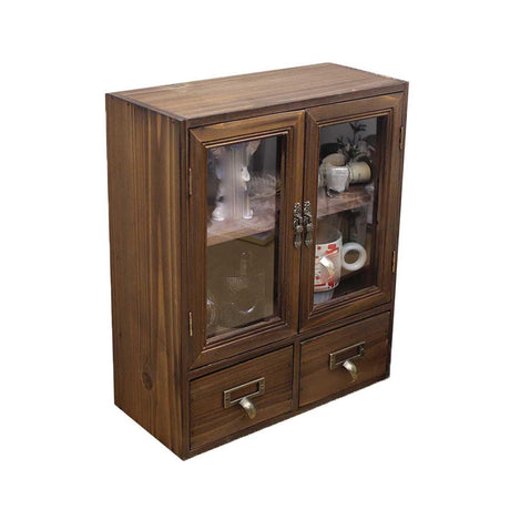 RZGZKLSH Rosetta Mini Countertop Country Vintage Locker, Wall-Mounted Wood Display with Organic Glass Door, Food Storage, 2 Bottom Drawers-Pharmacist Cabinet-Display Cabinet (Burnt Wood Color) RZGZKLSH