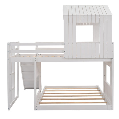 Harper & Bright Designs Twin Over Full Playhouse Bunk Bed with Slide and Roof in White - WoodArtSupply